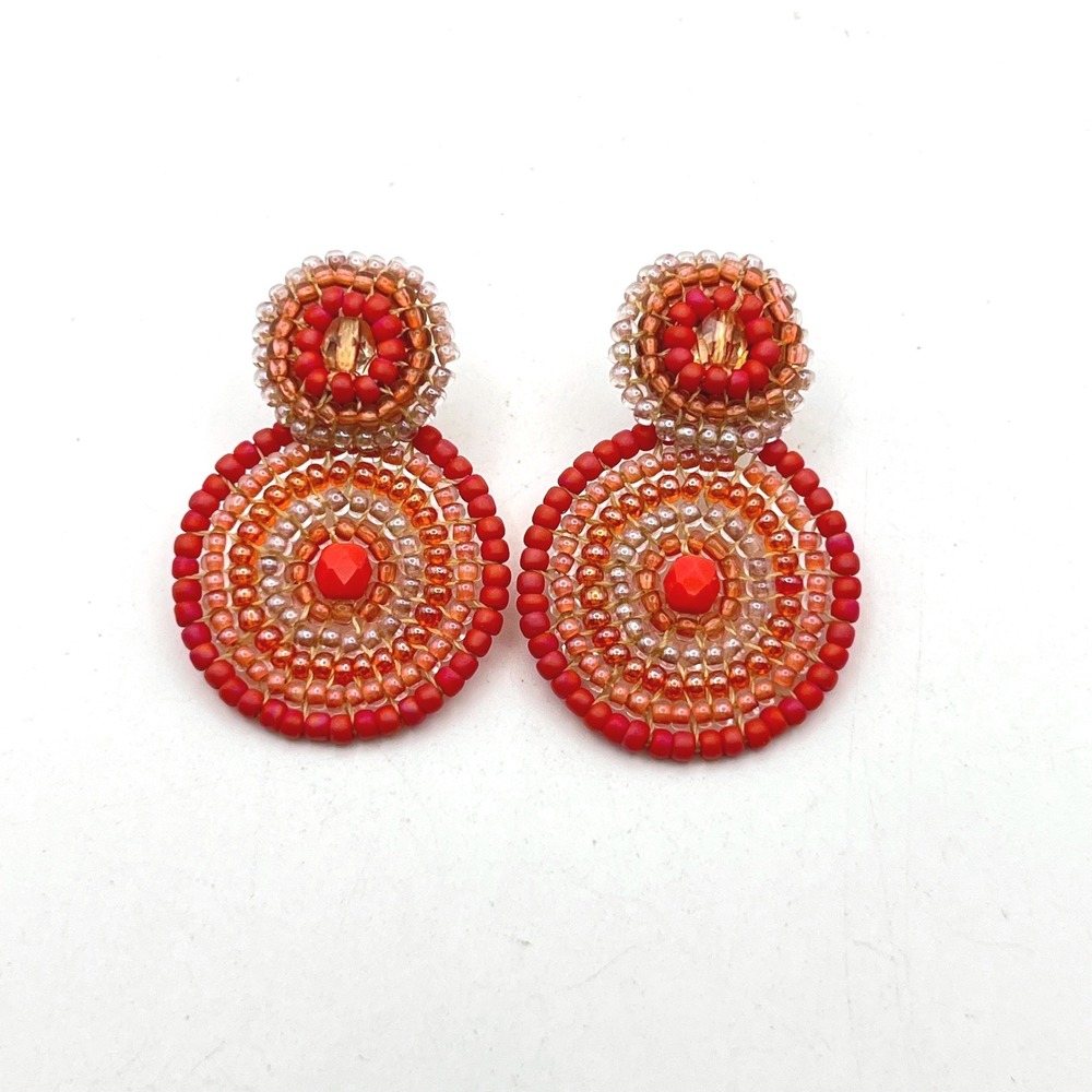 Red Orange Beaded Concentric Circle Drop Statement Earrings Post Back